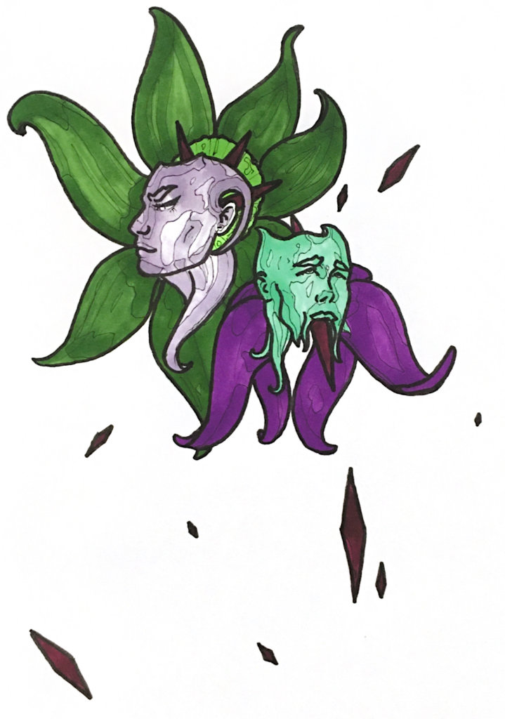 color drawing of floral surreal faces with spikes