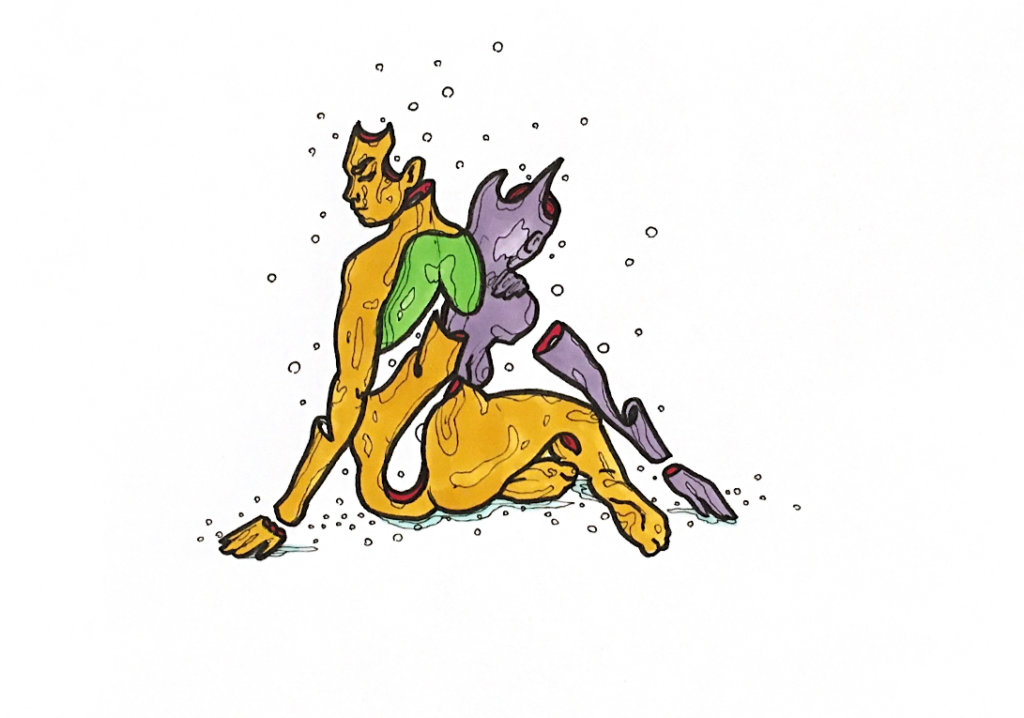 color drawing of two overlapping people with distorted heads and limbs