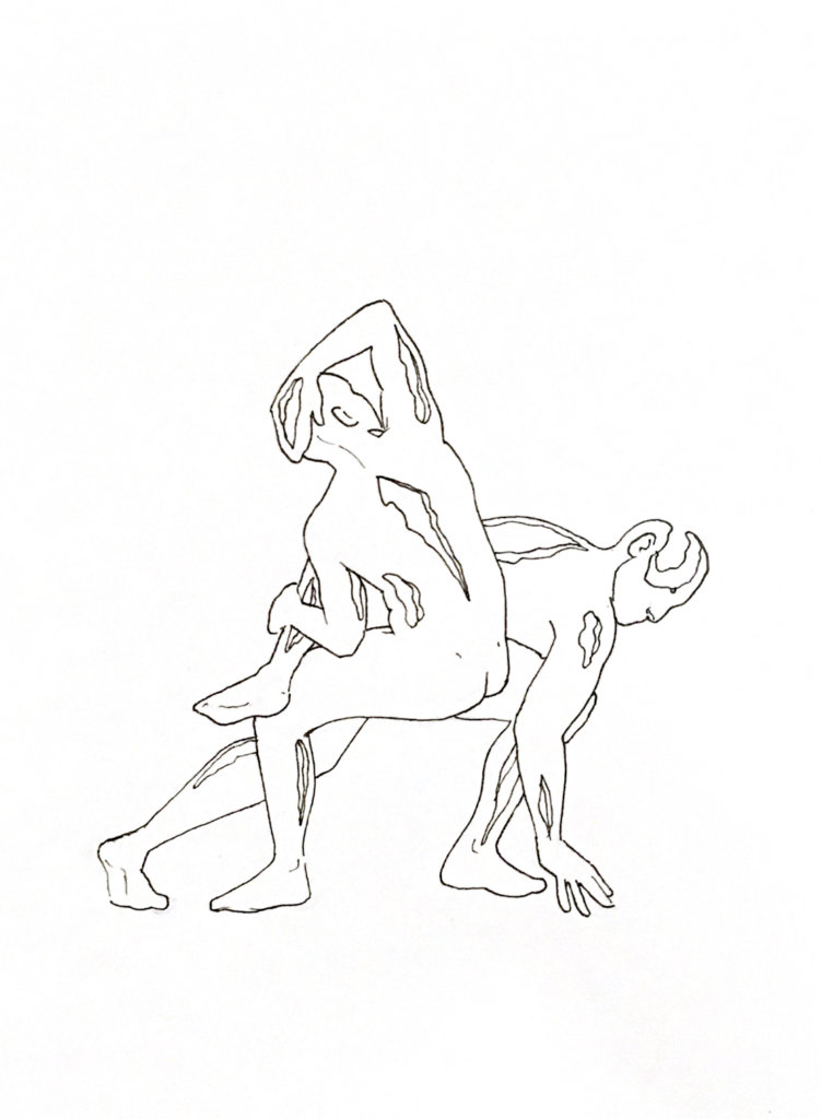 WIP drawing of two overlapping people with holes in their bodies