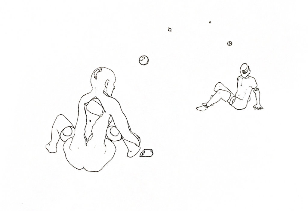 WIP drawing of two strange looking people sitting down playing ball