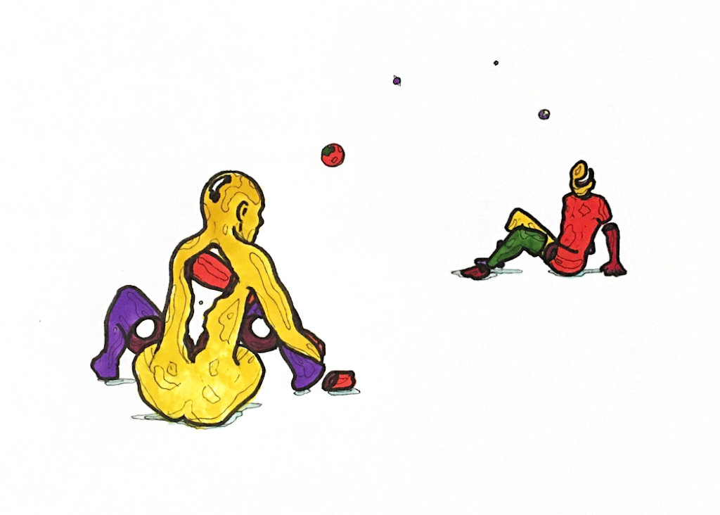 color drawing of two strange looking people sitting down playing ball