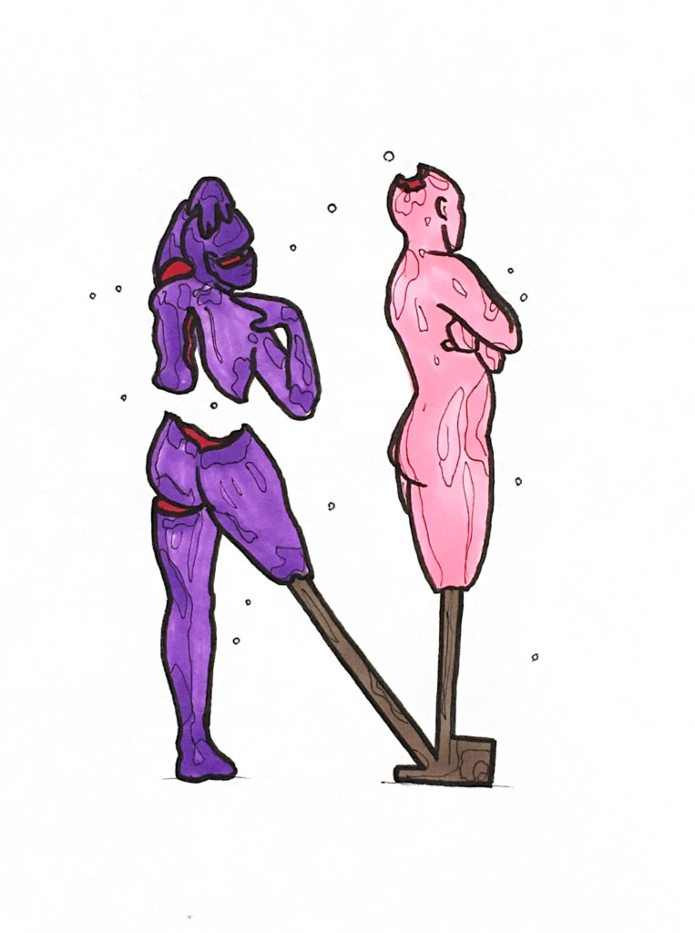 color drawing of a mannequin with two bodies