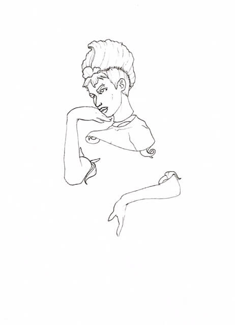 WIP drawing of a woman with big hair and disconnected limbs