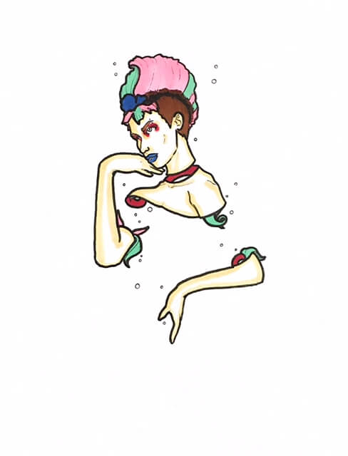 color drawing of a woman with big hair and disconnected limbs