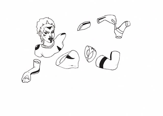 WIP drawing of a tattooed woman who has many pieces of her limbs missing