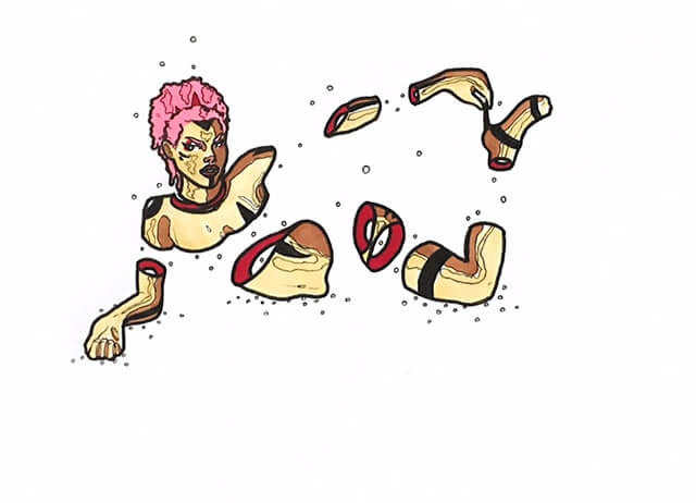 color drawing of a tattooed woman who has many pieces of her limbs missing