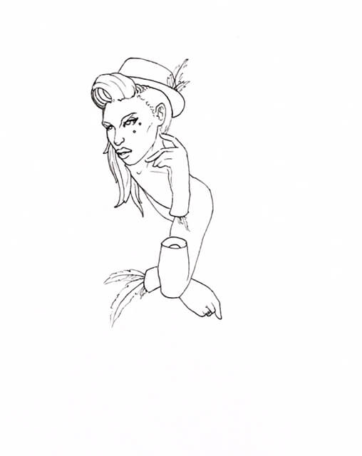 WIP drawing of a woman with a fedora on, thinking