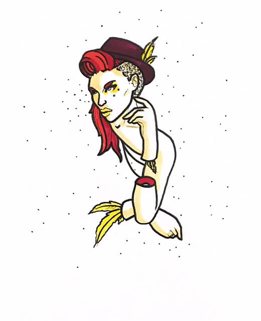 color drawing of a woman with a fedora on, thinking