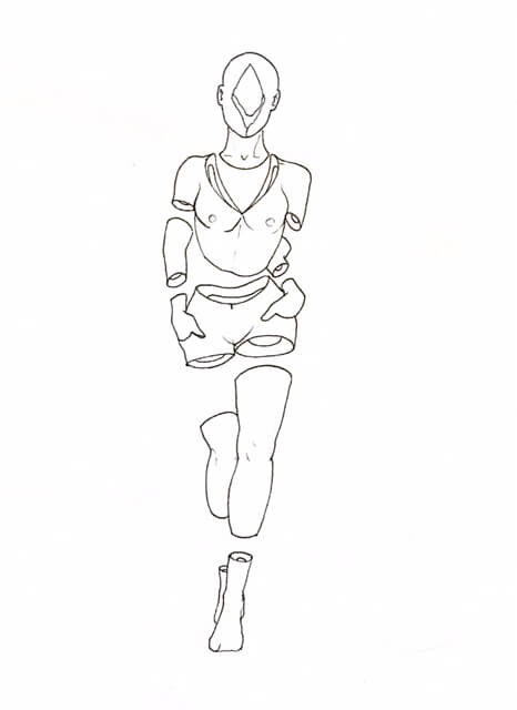 WIP drawing of a person in a fashion model stance, a hole in their face