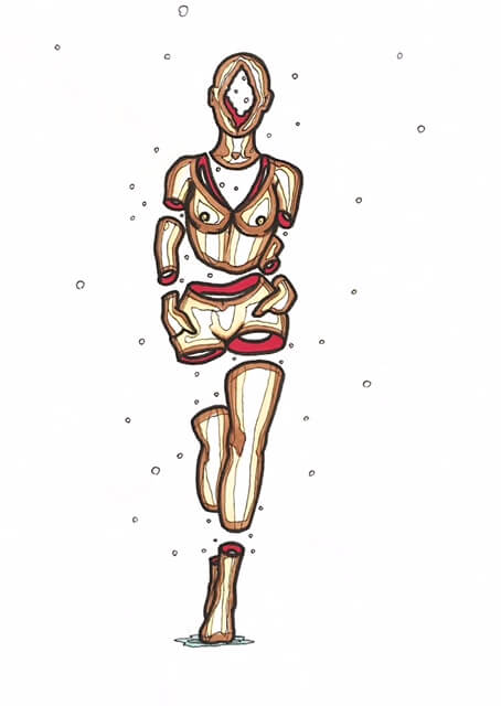 color drawing of a person in a fashion model stance, a hole in their face