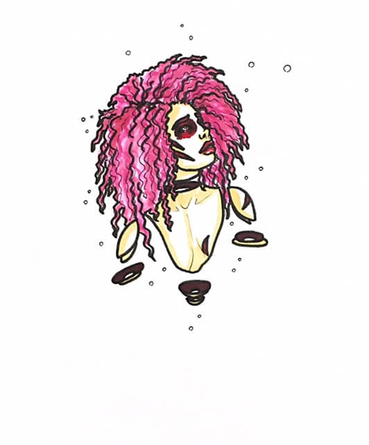 color drawing of a woman with crazy 80s hair