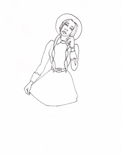 WIP drawing of a witch-like woman with a cool hat on