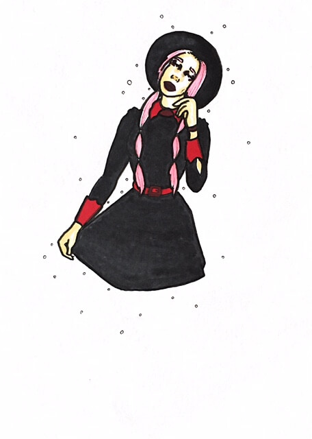 color drawing of a witch-like woman with a cool hat on