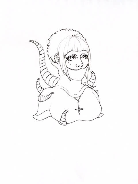 WIP drawing of a masked woman with pink hair and mechanical horns