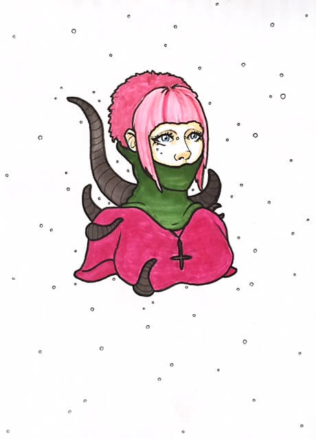 color drawing of a masked woman with pink hair and mechanical horns