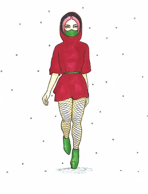 color drawing of a masked fashion model