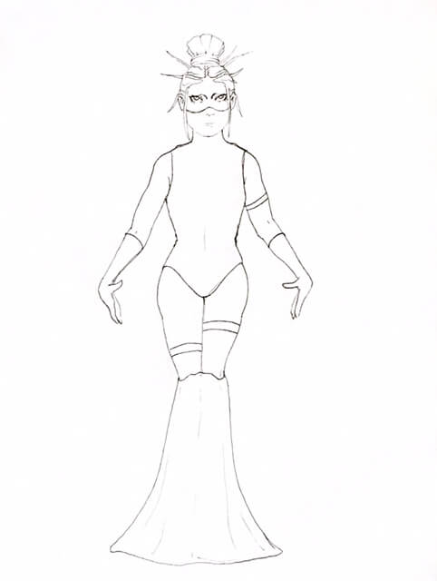 WIP drawing of a warrior-looking woman in a mask