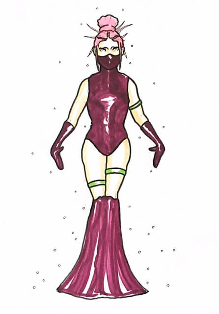 color drawing of a warrior-looking woman in a mask