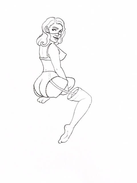 WIP drawing of a masked pinup model
