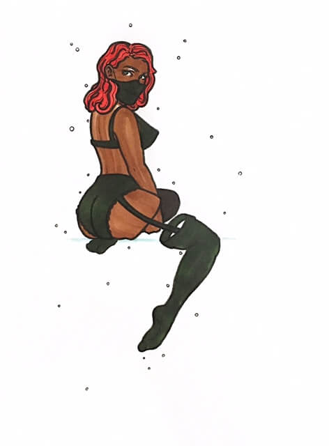 color drawing of a masked pinup model
