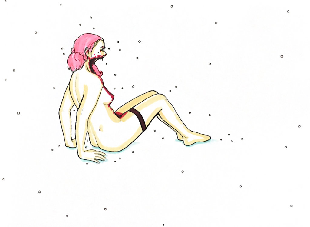 color drawing of a woman with a missing jaw