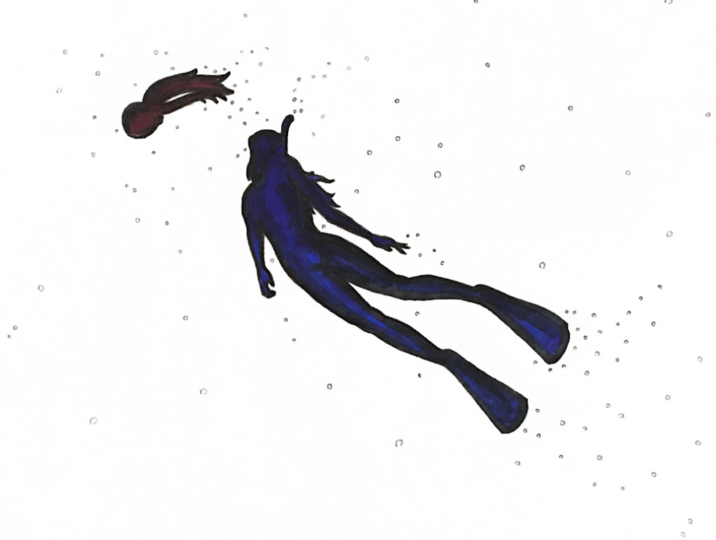 color drawing of a woman snorkeling with a tiny octopus
