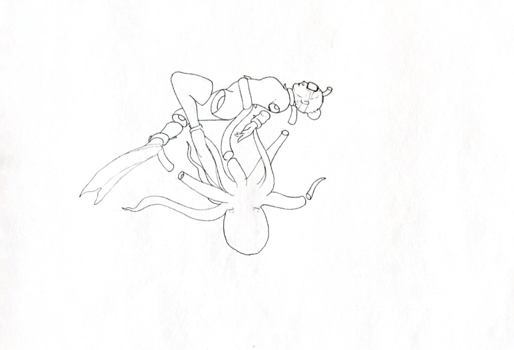 WIP drawing of a woman being strangled by an octopus
