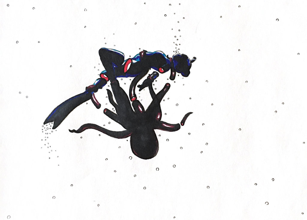 color drawing of a woman being strangled by an octopus