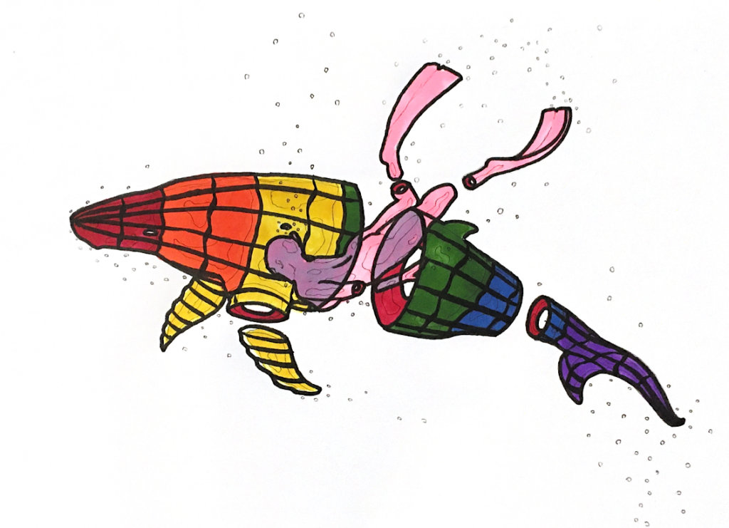 color drawing of a snorkeler next to a whale