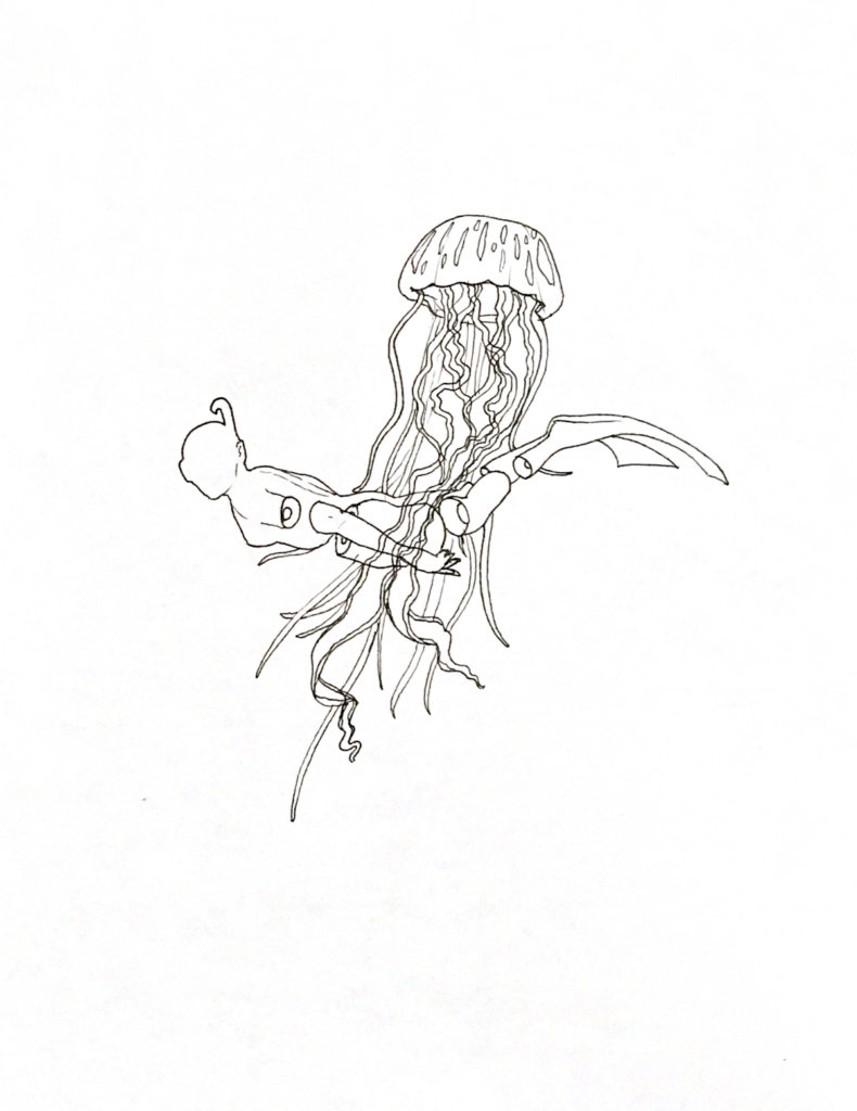 WIP drawing of a person snorkeling with a jellyfish