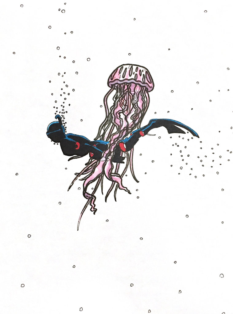 color drawing of a person snorkeling with a jellyfish