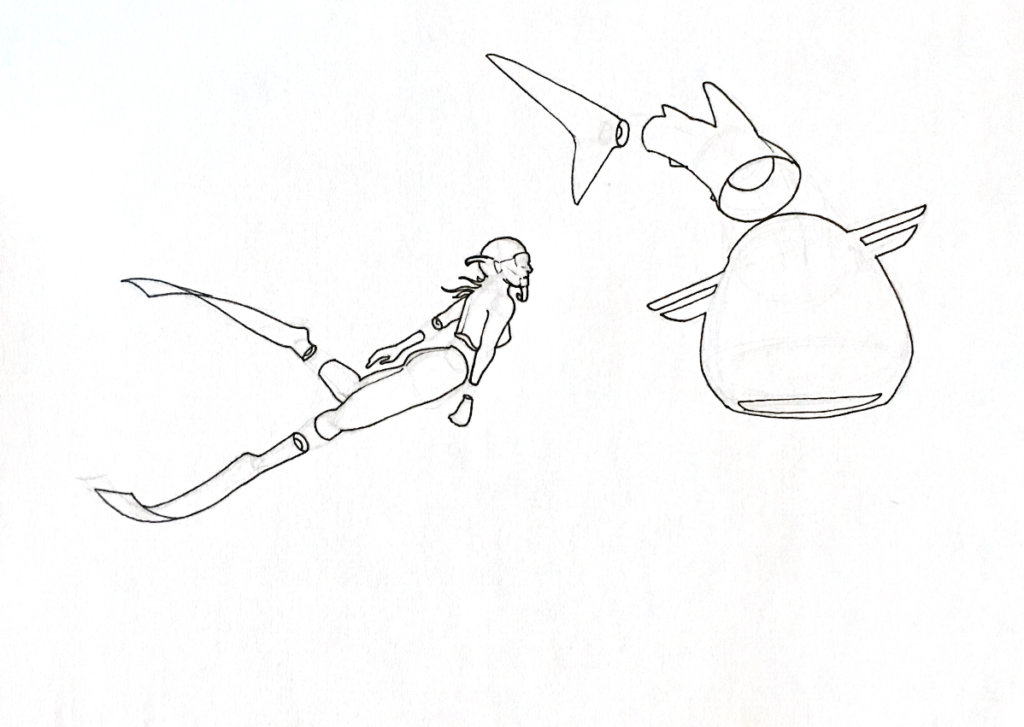 WIP drawing of a person snorkeling with a whale shark