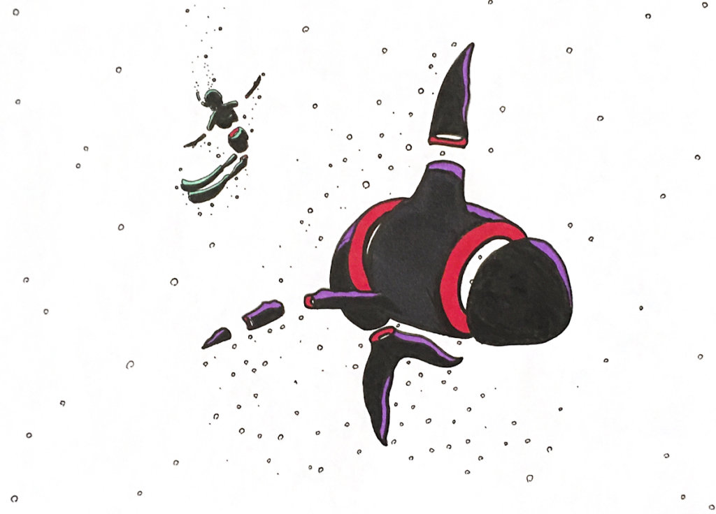 color drawing of a snorkeler dancing with a whale