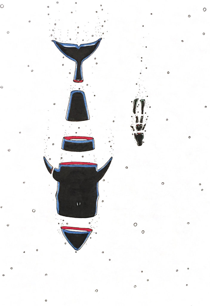 color drawing of a free diver swimming with a whale
