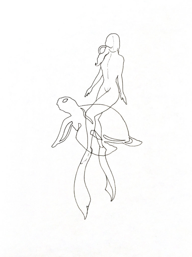 WIP drawing of a snorkeler intersecting with a sea turtle