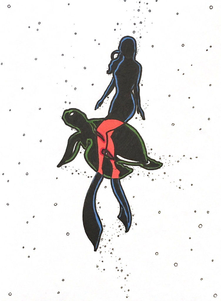 color drawing of a snorkeler intersecting with a sea turtle