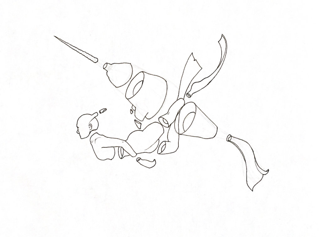 WIP drawing of a snorkeler with a narwhal