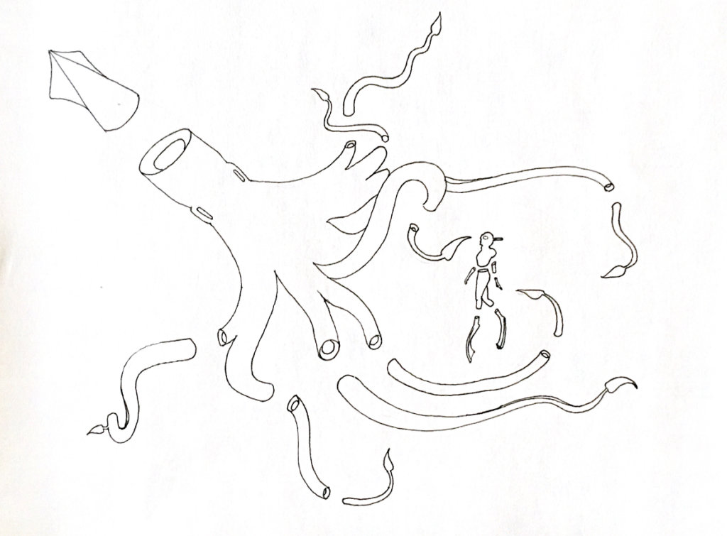 WIP drawing of a snorkeler being dwarfed by a giant squid