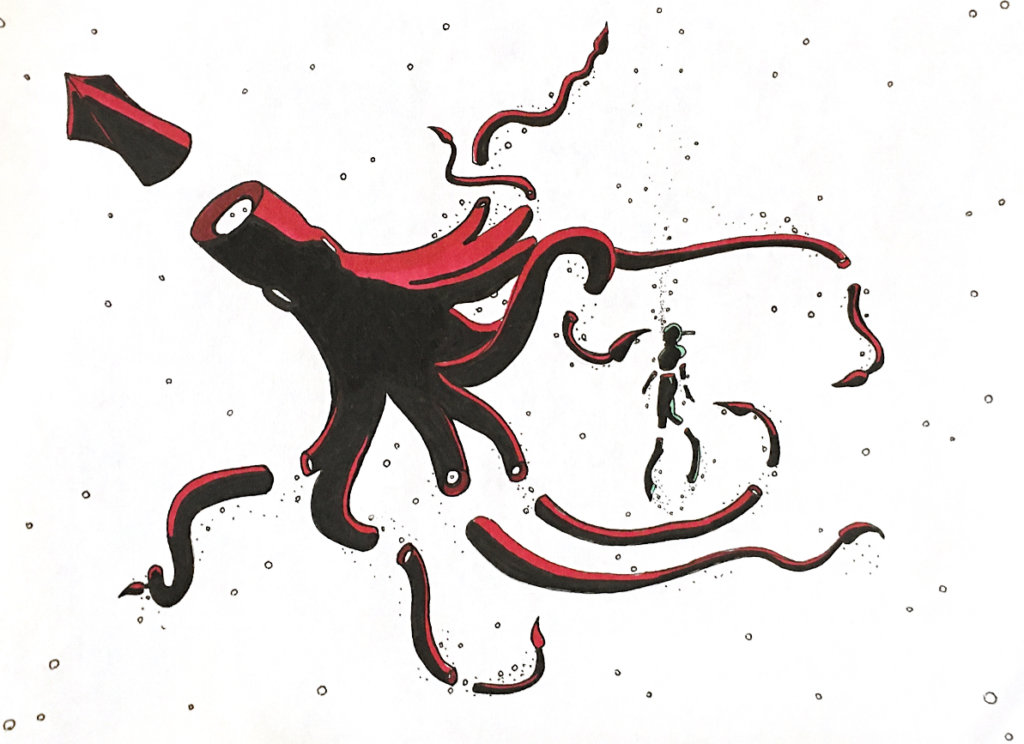 color drawing of a snorkeler being dwarfed by a giant squid