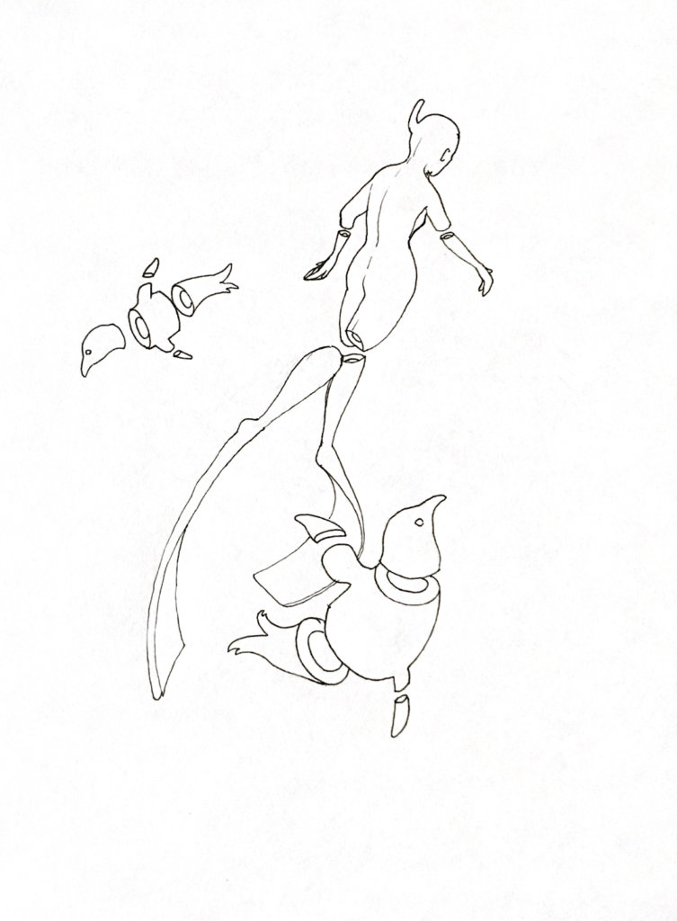 WIP drawing of a snorkeler and two penguins