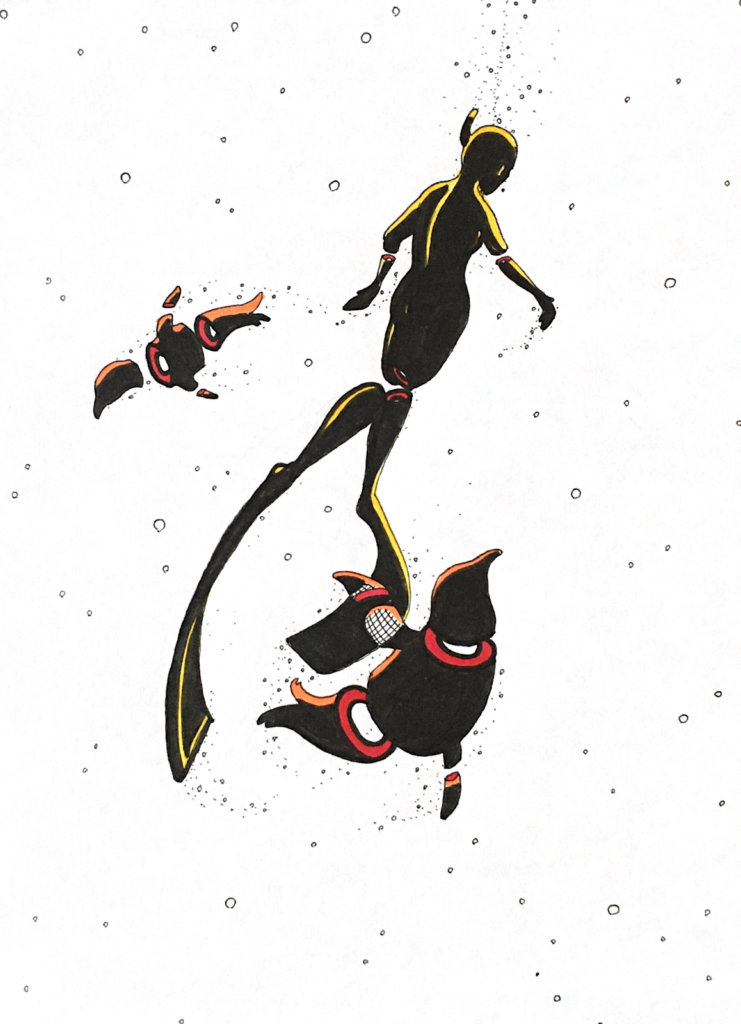 color drawing of a snorkeler and two penguins