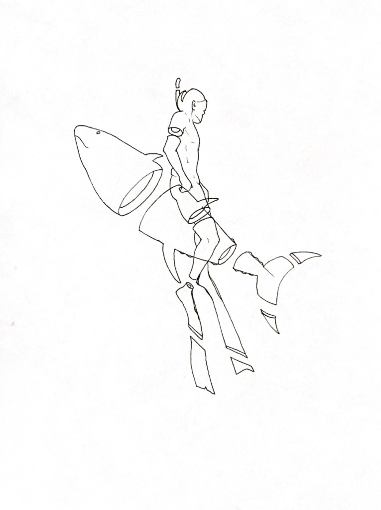 WIP drawing of a snorkeler and a big tuna
