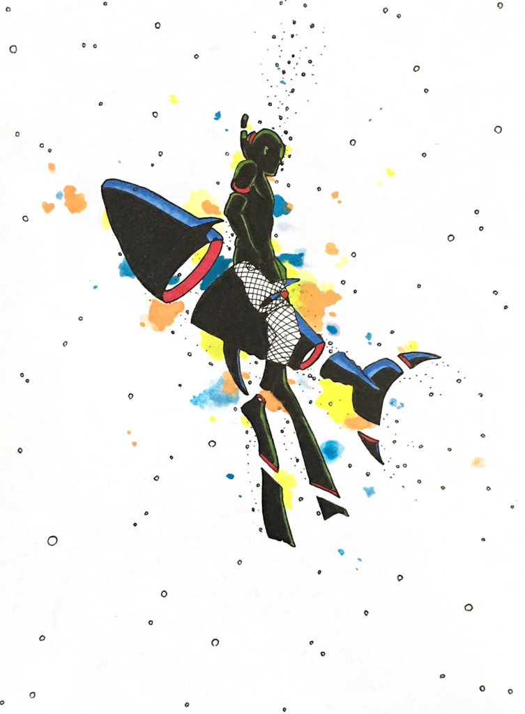 color drawing of a snorkeler and a big tuna