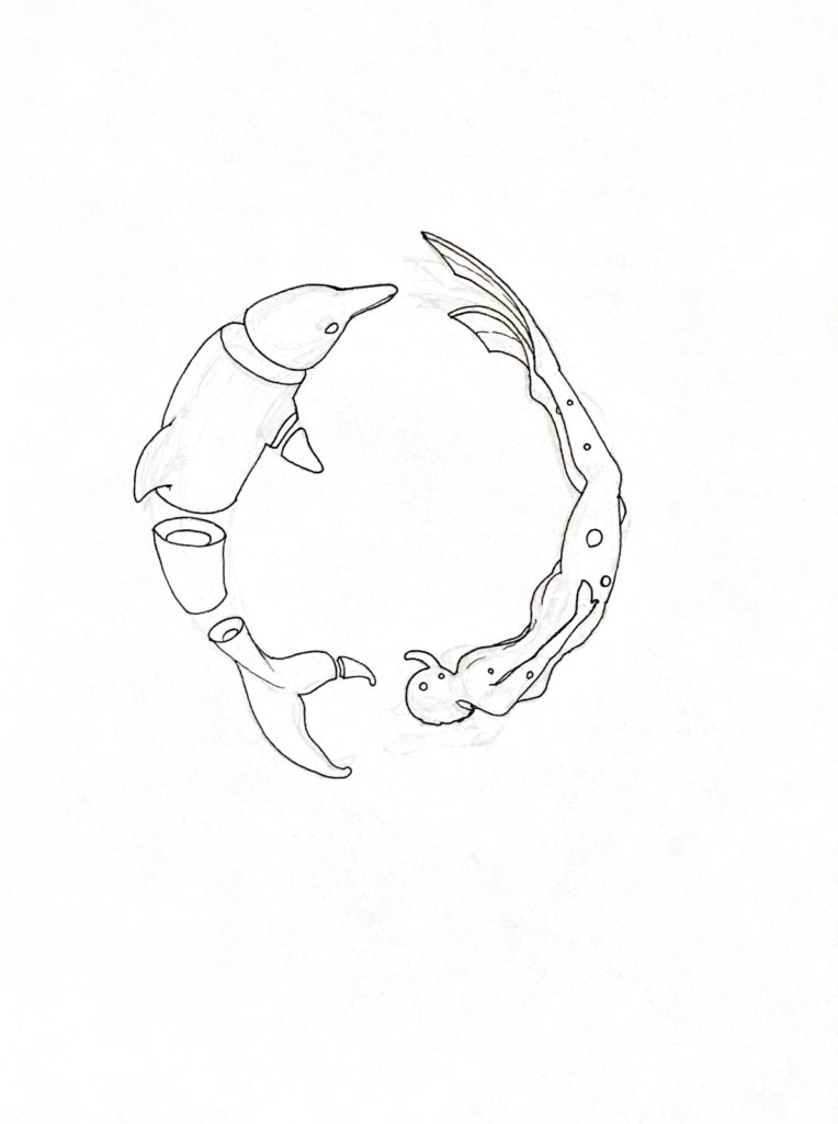 WIP drawing of a dolphin and human swimming around each other