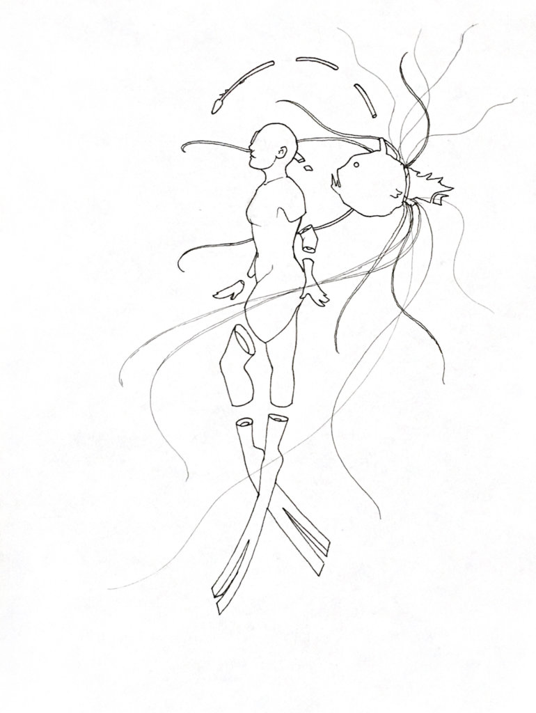 WIP drawing of a person snorkeling with an anglerfish behind them