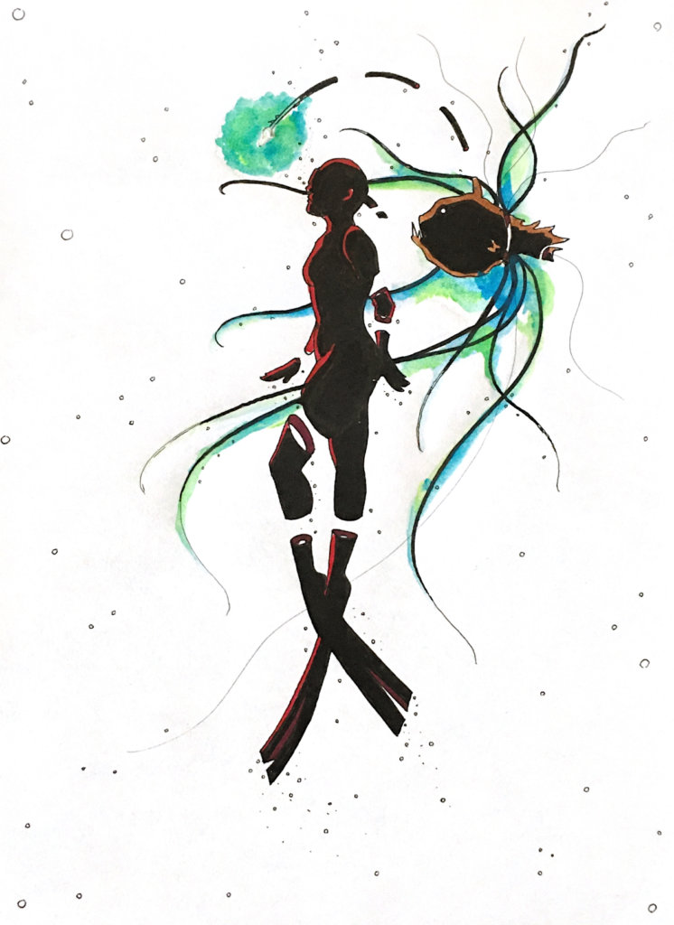 color drawing of a person snorkeling with an anglerfish behind them