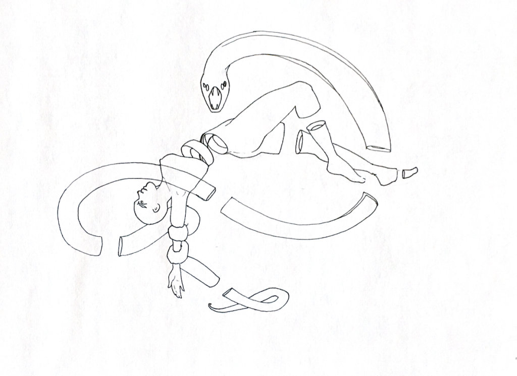WIP drawing of a snorkeler being strangled by an eel