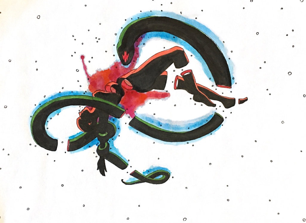 color drawing of a snorkeler being strangled by an eel