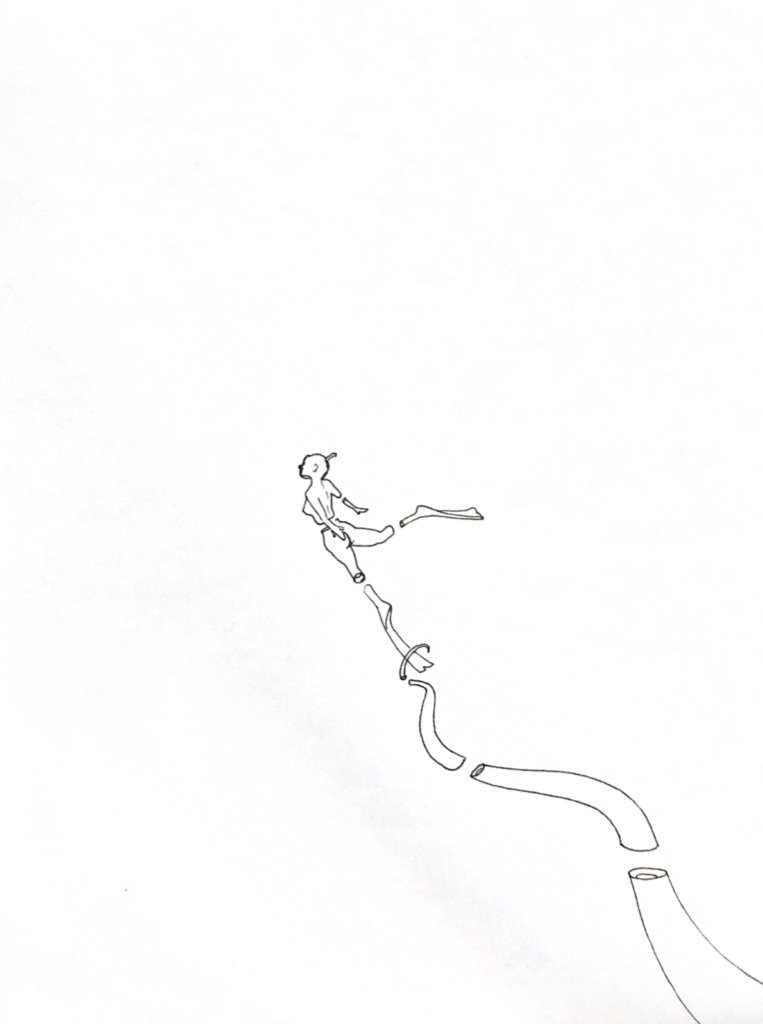 WIP drawing of a snorkeler swimming away from a giant squid