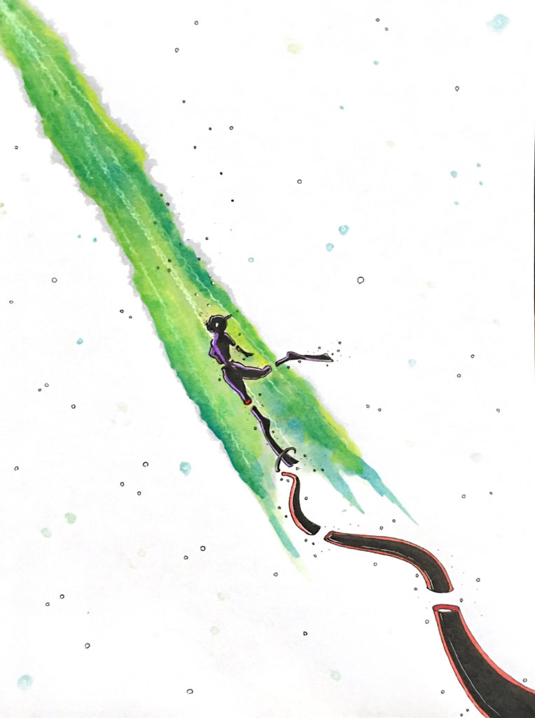 color drawing of a snorkeler swimming away from a giant squid